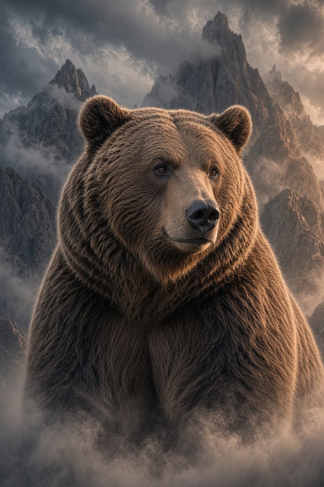 Brutus, an enormous grizzly, standing in the mist below the Blackthorn Ridge peaks.