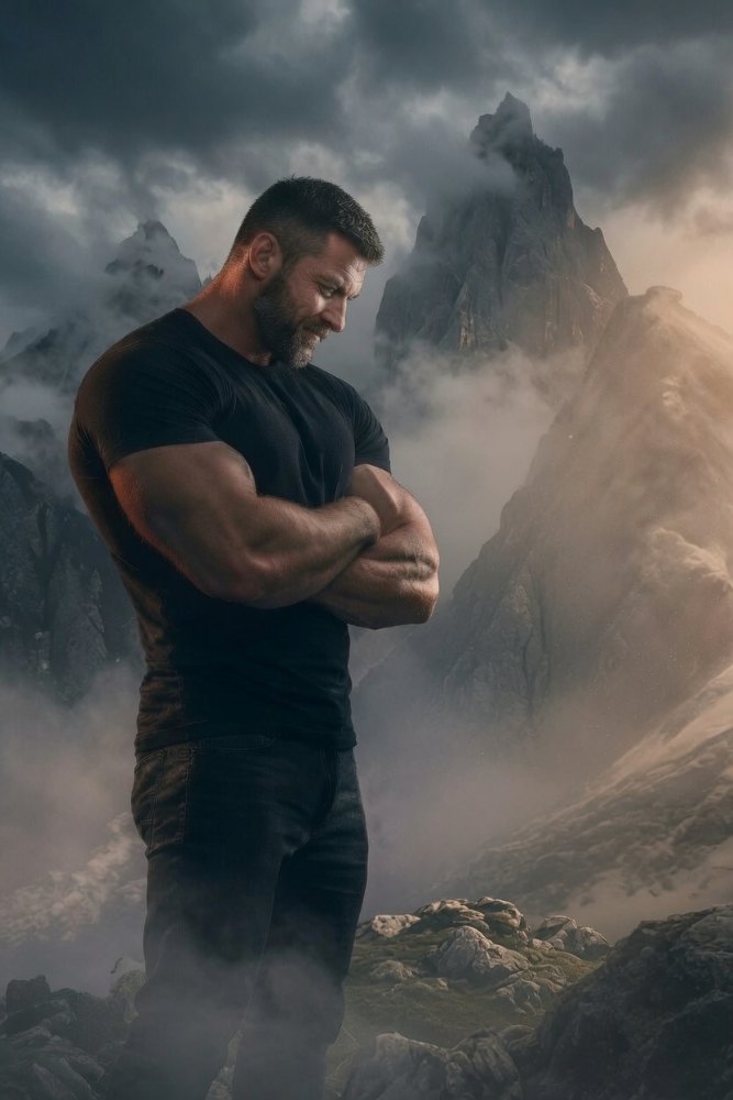 Cal “Bear” Meridian standing in the mist below the Blackthorn Ridge peaks, arms crossed.