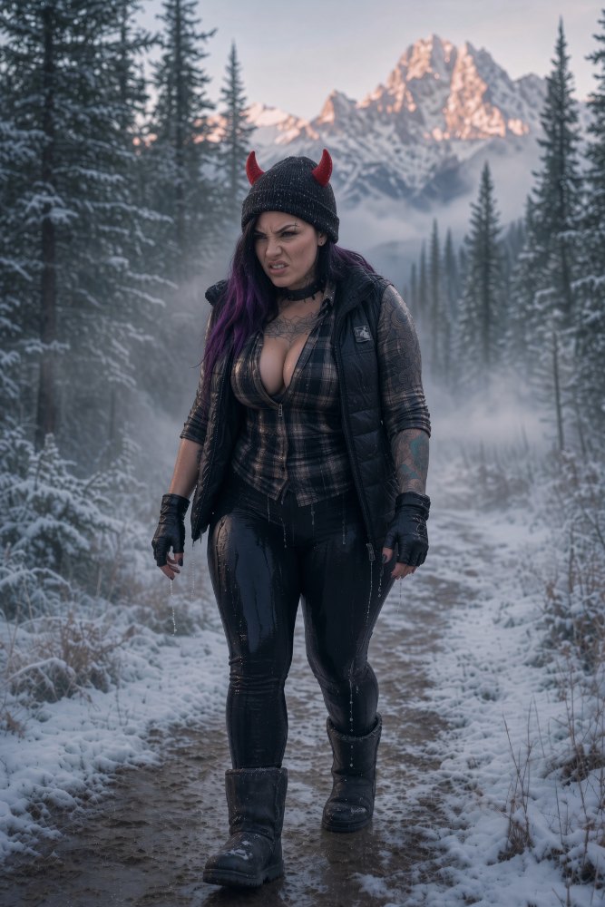 Sage walking out of the freezing water into the snowy timber at dawn.