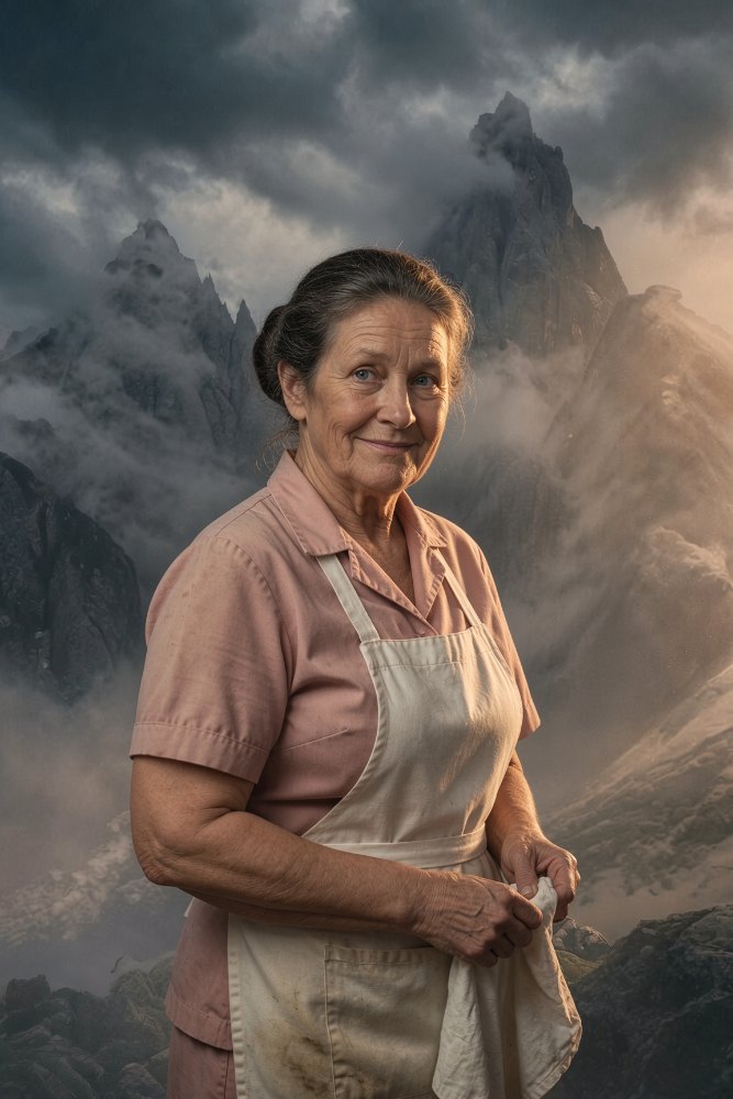 Mary Sue Ellen in her diner apron, standing before the misted Montana peaks.