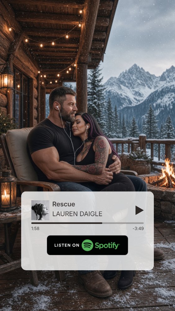 Cal and Sage curled together on the snowy lodge porch, sharing a pair of earbuds by the fire.