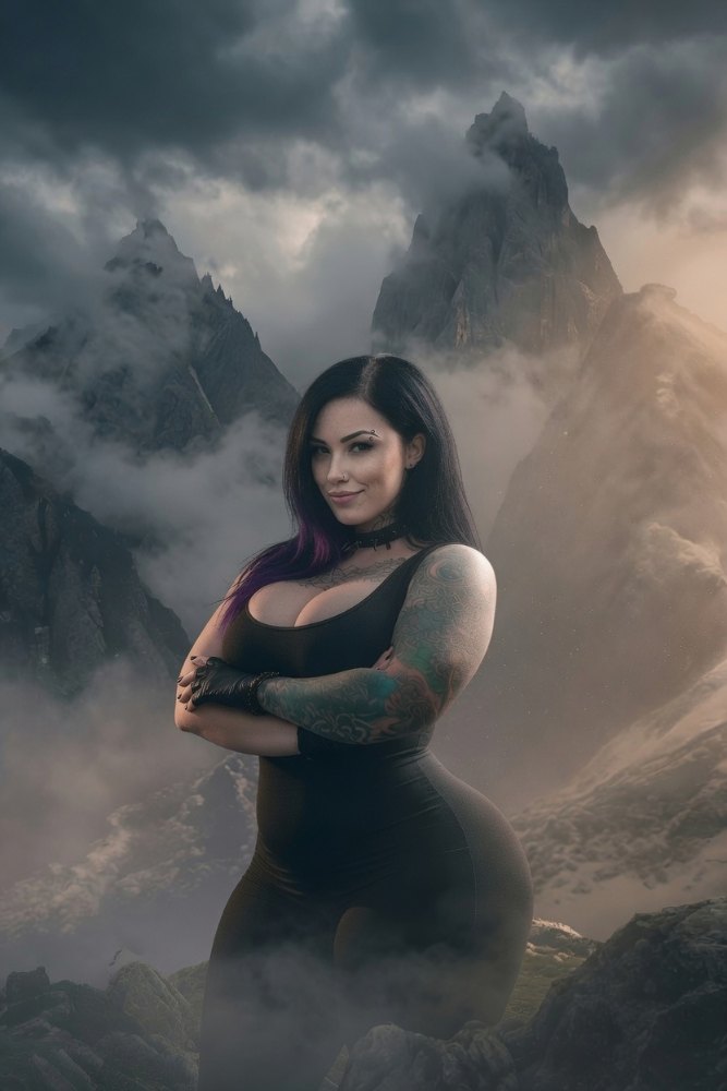 Sage standing in the mountain mist, tattooed and smiling faintly.