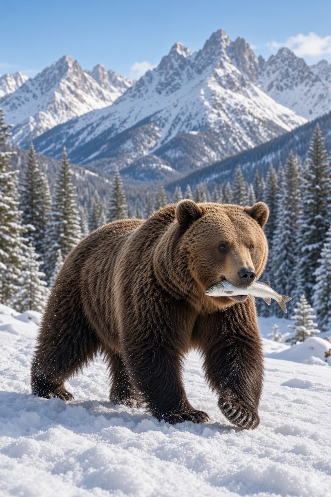 Brutus carrying a salmon across the snow below the Montana peaks.